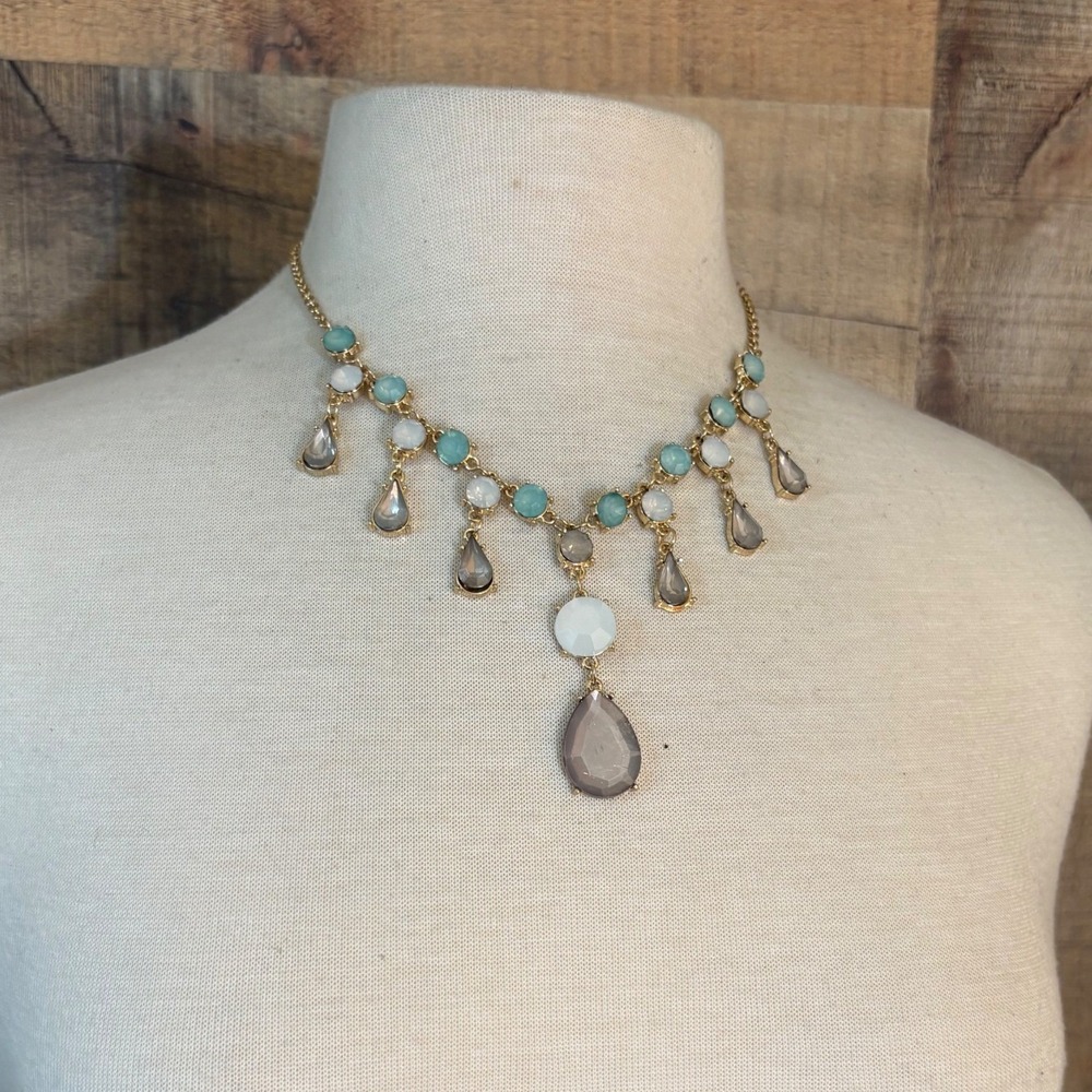 Gold Tone Teal Grey White Teardrop Bib Statement Necklace